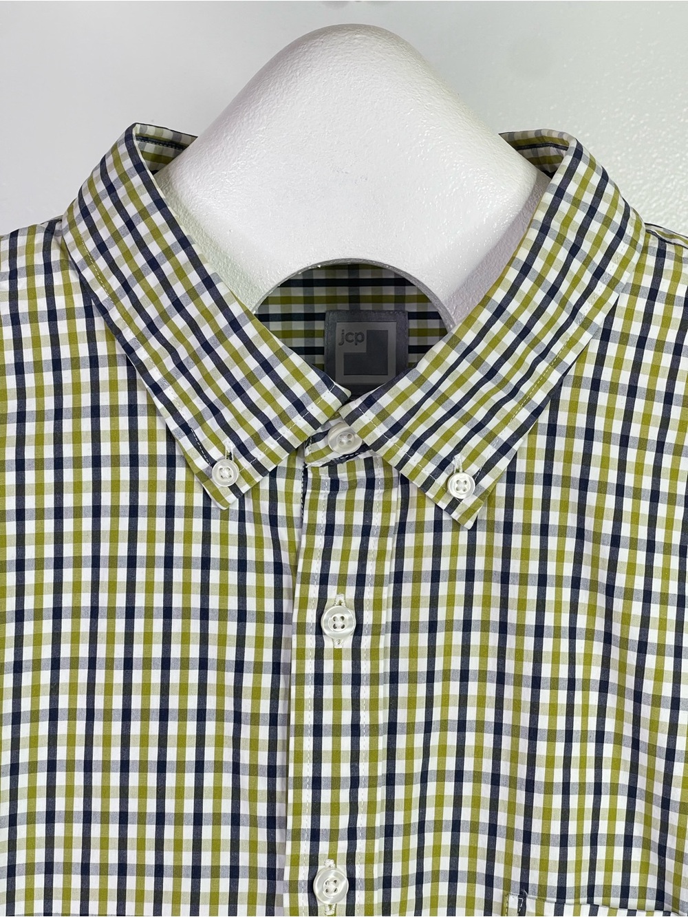 JCPenney Mens Size 2XL Olive Green Navy Gingham Plaid Button Down Collar Shirt